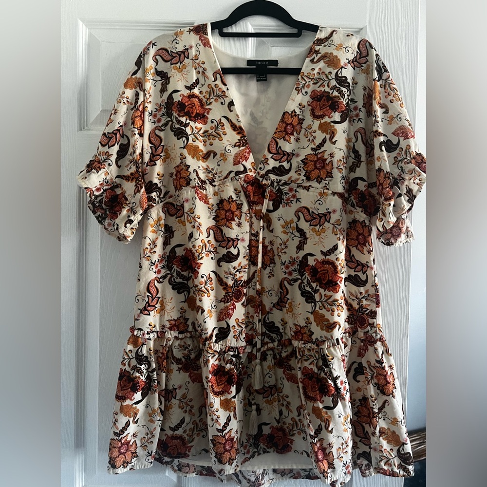 Forever 21 Cream Floral V-Neck Tiered Tunic with Rust & Mustard Flowers